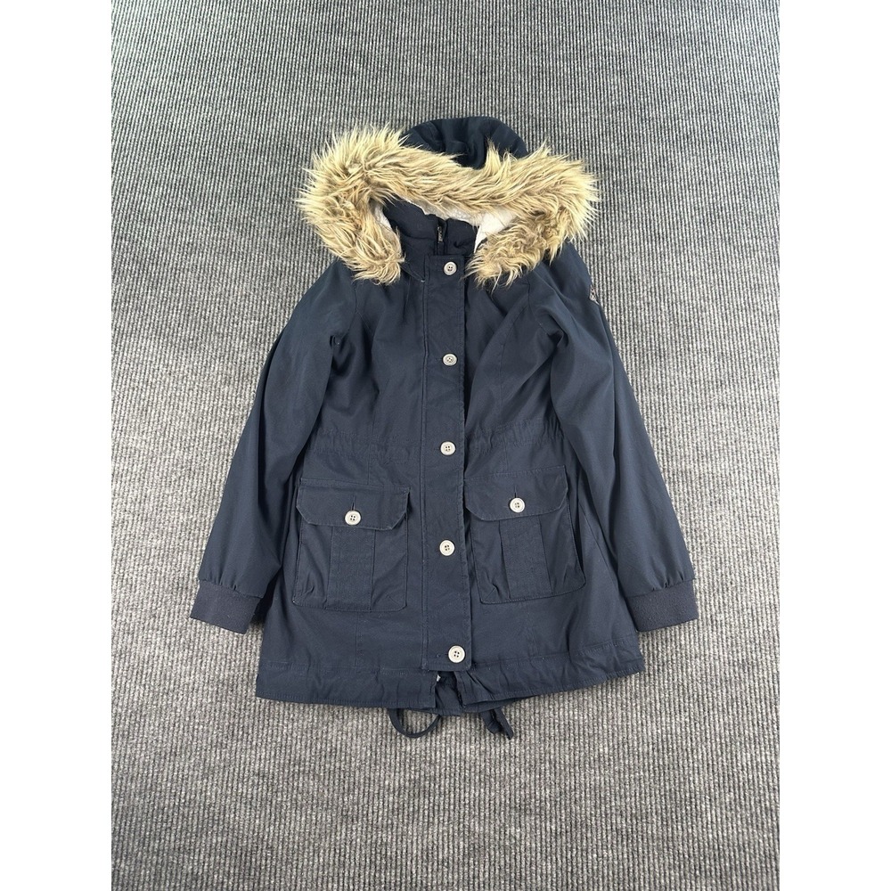 Hollister Jacket Women Medium Blue Canvas Fleece Lined Babydoll Faux Fur Hood